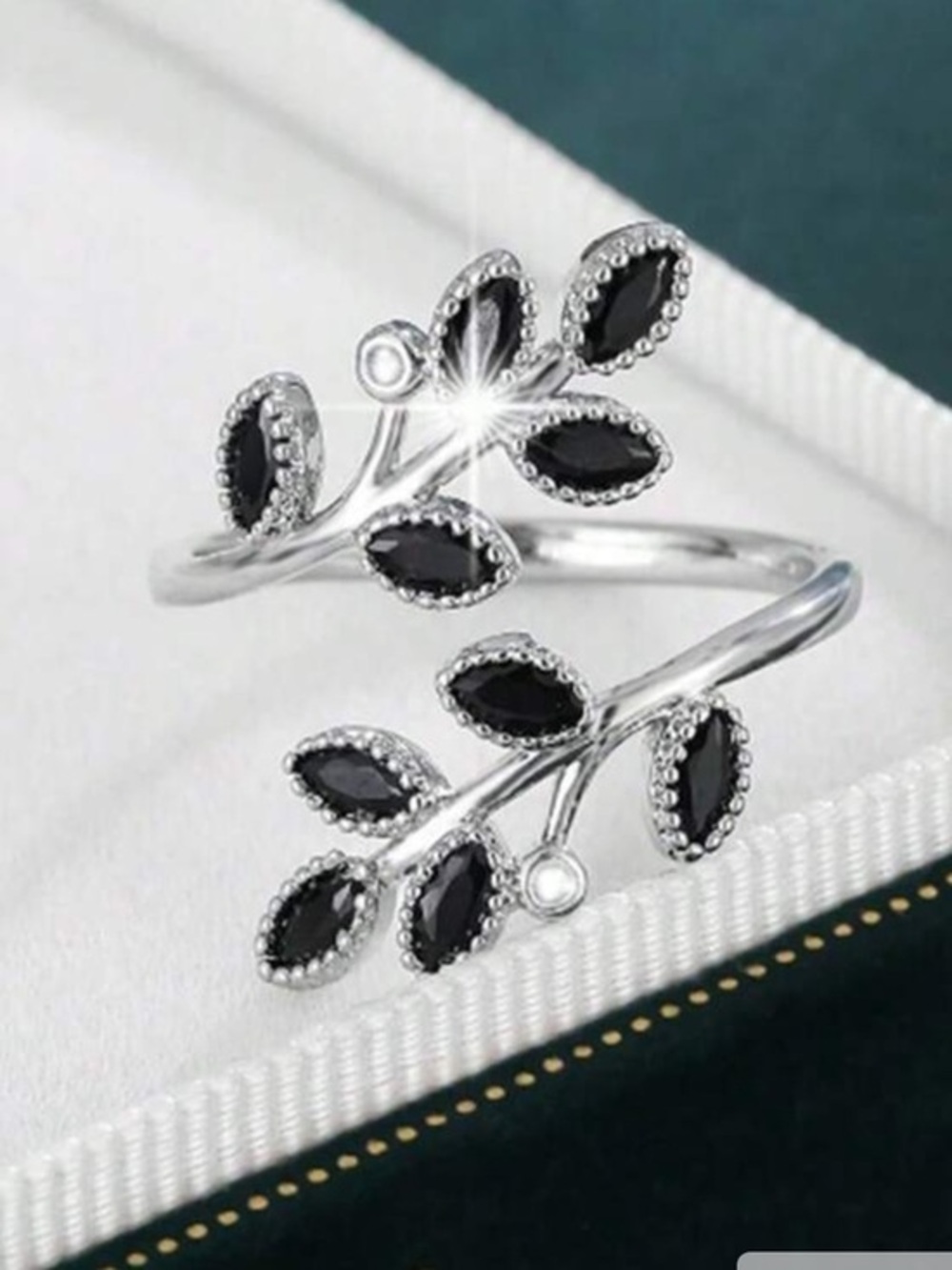 Silver Leaf Ring with Black Accents - Unbranded